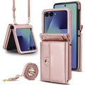 Rose gold metallic Samsung Galaxy Z Flip wallet case showing hands-free desktop stand mode and detachable crossbody strap.