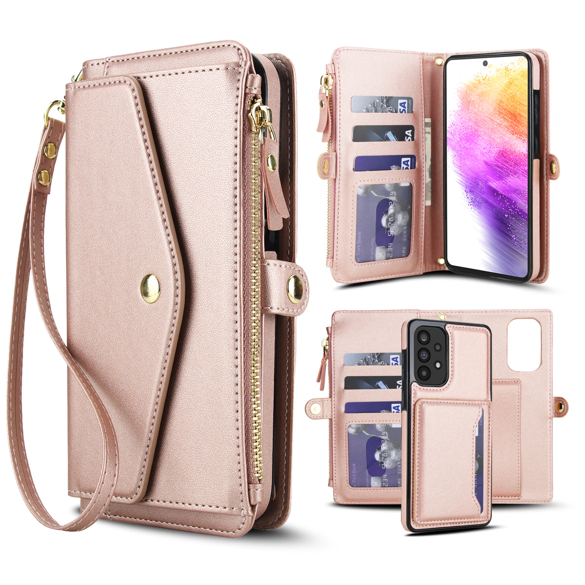 Rose gold metallic leather 2-in-1 detachable magnetic wallet phone case for Samsung Galaxy A73 A72 showing card slots, zipper coin pocket, wristlet strap, and removable back cover.