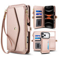 Rose gold metallic leather 2-in-1 detachable magnetic wallet phone case for iPhone displaying card slots, zippered coin purse, wristlet strap, and detachable back cover.