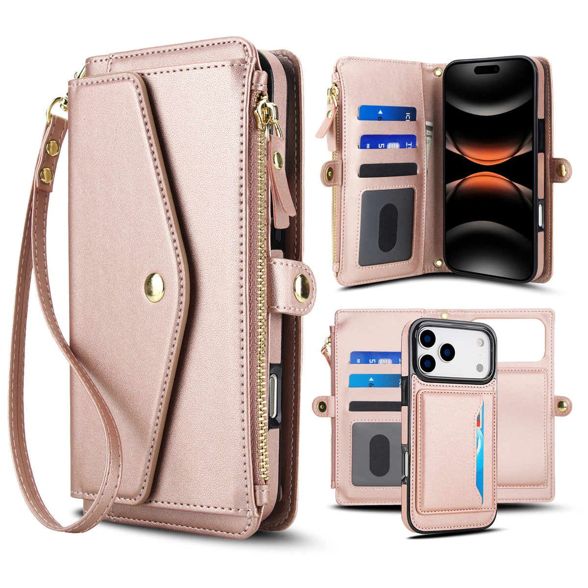 Rose gold metallic leather 2-in-1 detachable magnetic wallet phone case for iPhone displaying card slots, zippered coin purse, wristlet strap, and detachable back cover.