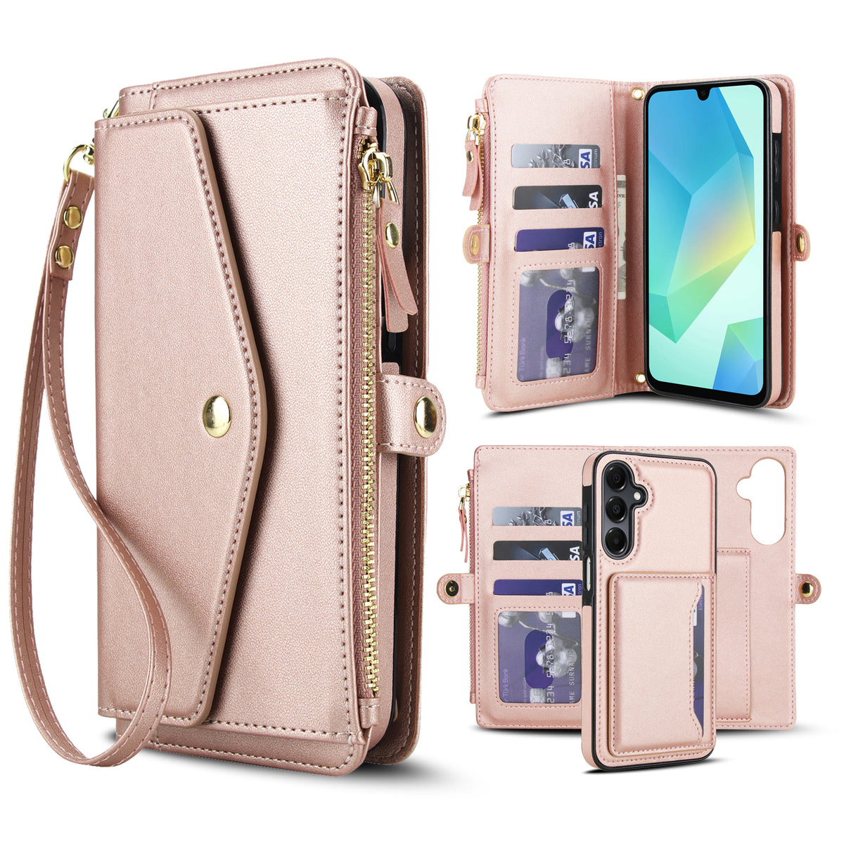 Rose gold metallic leather 2-in-1 detachable wallet case for Samsung Galaxy A series showing multi-card slot organizer, zippered compartment, and removable magnetic phone case.