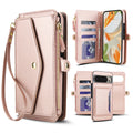 Rose gold metallic leather 2-in-1 detachable wallet phone case for Google Pixel featuring card slots, zippered coin pocket, wristlet strap, and magnetic back cover.