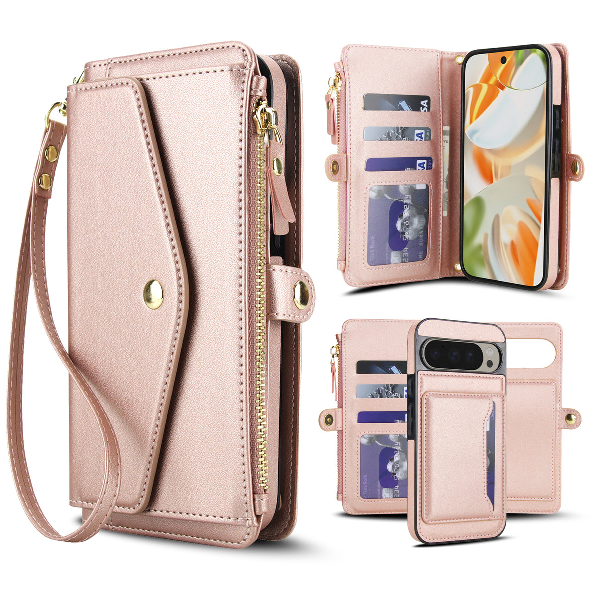 Rose gold metallic leather 2-in-1 detachable wallet phone case for Google Pixel featuring card slots, zippered coin pocket, wristlet strap, and magnetic back cover.