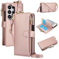 Rose gold metallic leather RFID crossbody wallet case for Samsung Galaxy S26 Ultra with card holder flap, zipper purse, and shoulder strap