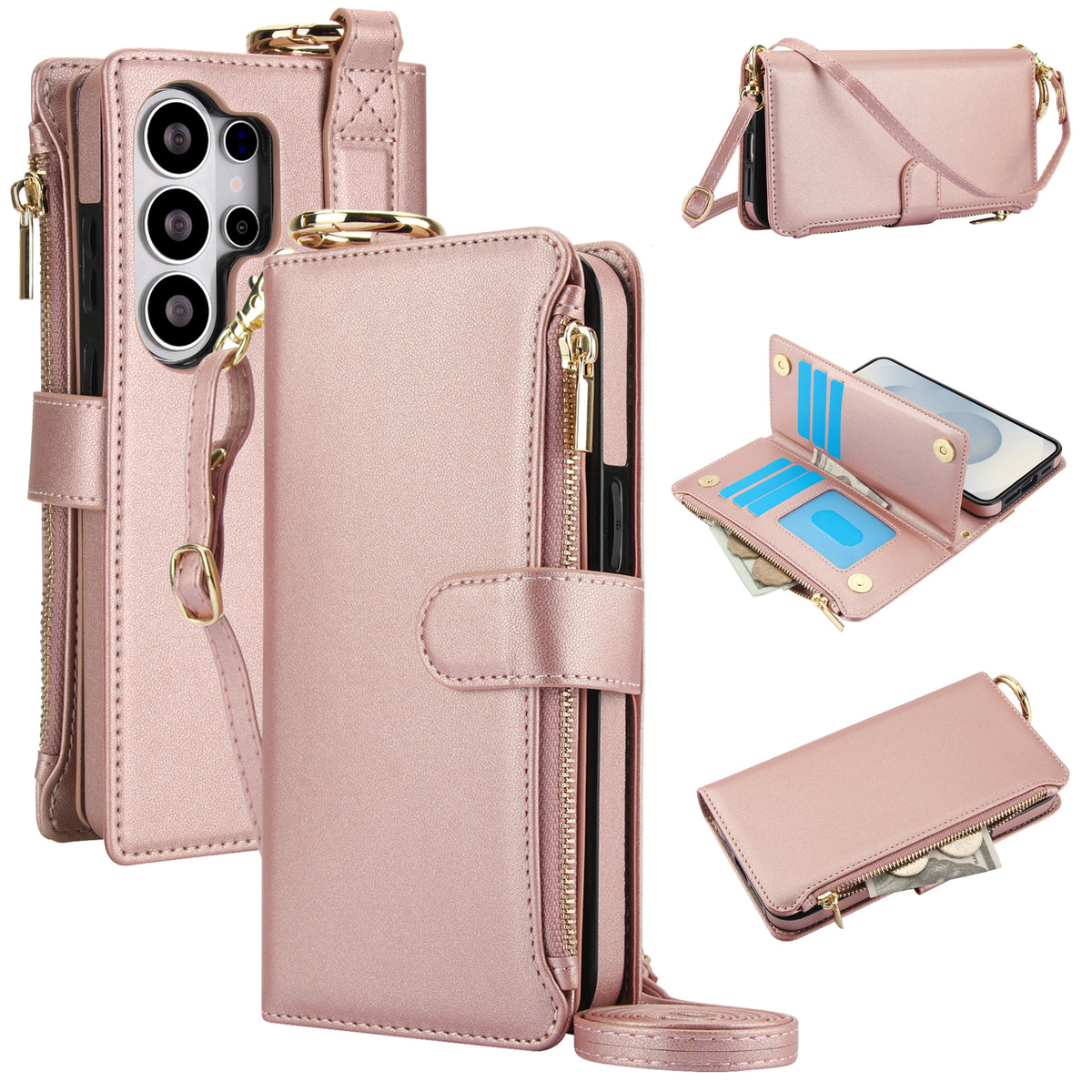 Rose gold metallic leather RFID crossbody wallet case for Samsung Galaxy S26 Ultra with card holder flap, zipper purse, and shoulder strap