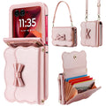 Rose gold metallic leather bow wallet case for Motorola RAZR showcasing outer screen protection, wrist handle, long crossbody strap, and open card holder