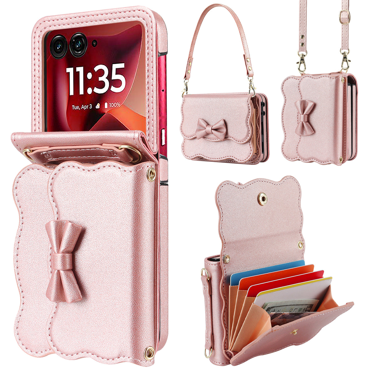 Rose gold metallic leather bow wallet case for Motorola RAZR showcasing outer screen protection, wrist handle, long crossbody strap, and open card holder