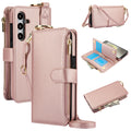 Rose gold metallic leather crossbody wallet case for Samsung Galaxy A-series showcasing front and rear views, gold hardware accents, open card flap, and zipper purse compartment.
