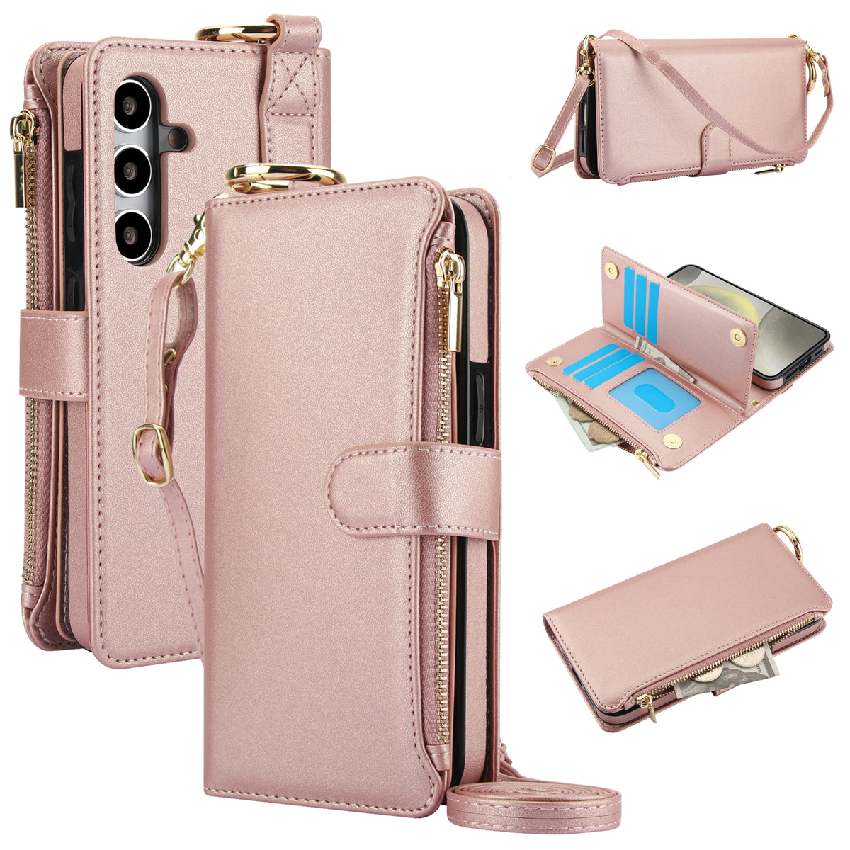 Rose gold metallic leather crossbody wallet case for Samsung Galaxy A-series showcasing front and rear views, gold hardware accents, open card flap, and zipper purse compartment.