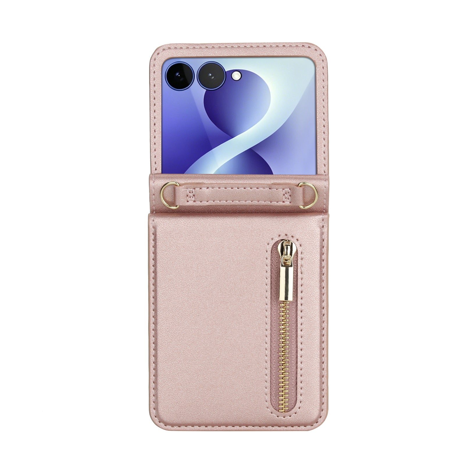 Rose gold metallic leather phone cover with zipper purse pocket and strap attachments for Samsung Z Flip.⁠