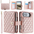 Rose gold quilted diamond leather case for iPhone DUO, featuring a main wallet view with wristlet lanyard, open folio layout with card slots, rear camera cutout, and crossbody bag mode.