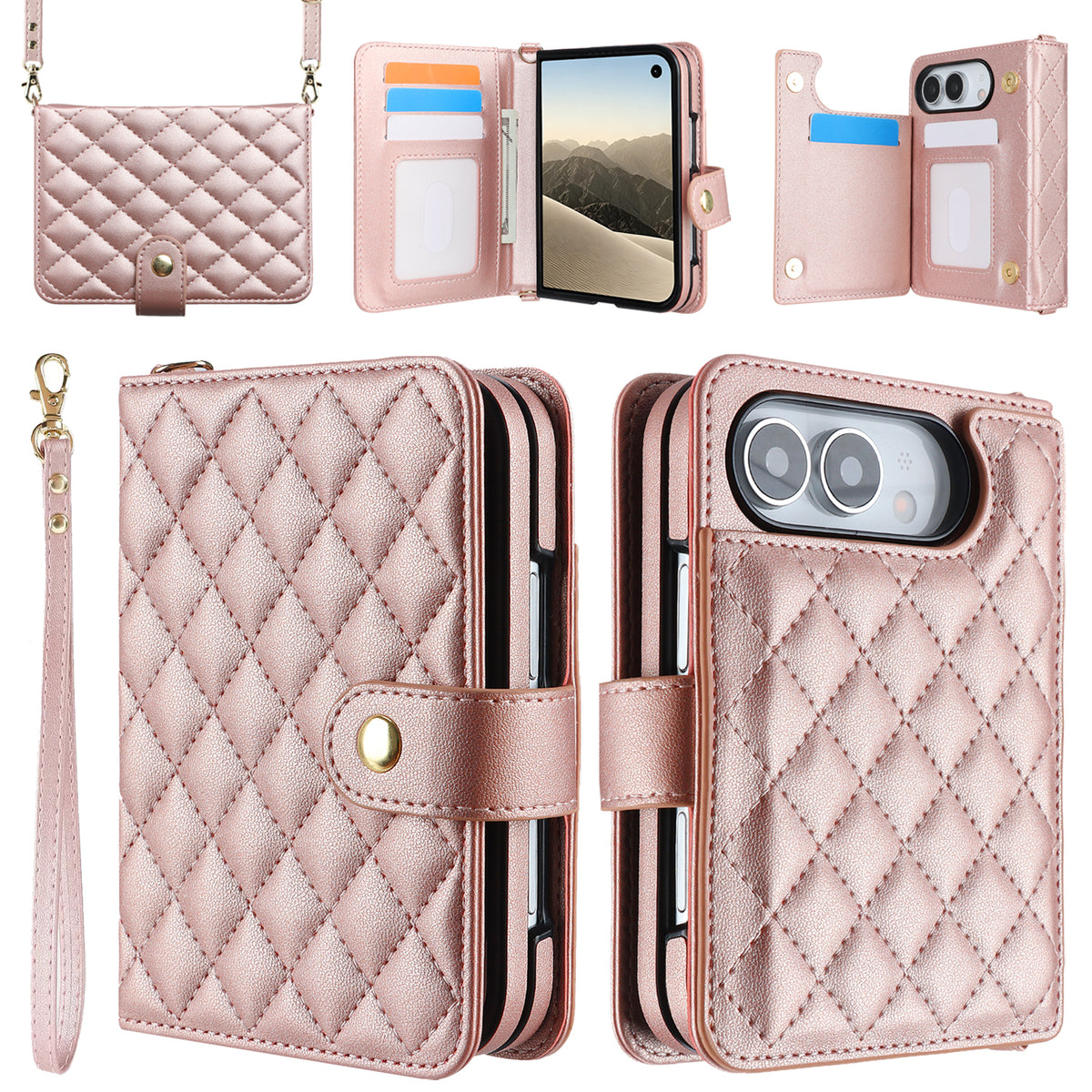Rose gold quilted diamond leather case for iPhone DUO, featuring a main wallet view with wristlet lanyard, open folio layout with card slots, rear camera cutout, and crossbody bag mode.