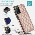 Rose gold quilted leather case for Samsung Galaxy A73-A71 illustrating shockproof drop protection with 1.2mm raised screen edges and 1.5mm camera lens protection.