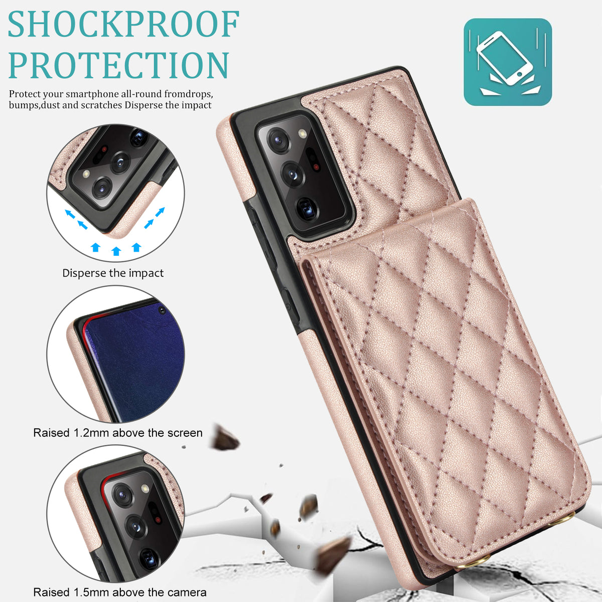 Rose gold quilted leather case for Samsung Galaxy A73-A71 illustrating shockproof drop protection with 1.2mm raised screen edges and 1.5mm camera lens protection.