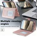 Rose gold quilted leather case for iPhone DUO resting on an office desk in multiple hands-free kickstand viewing angles.