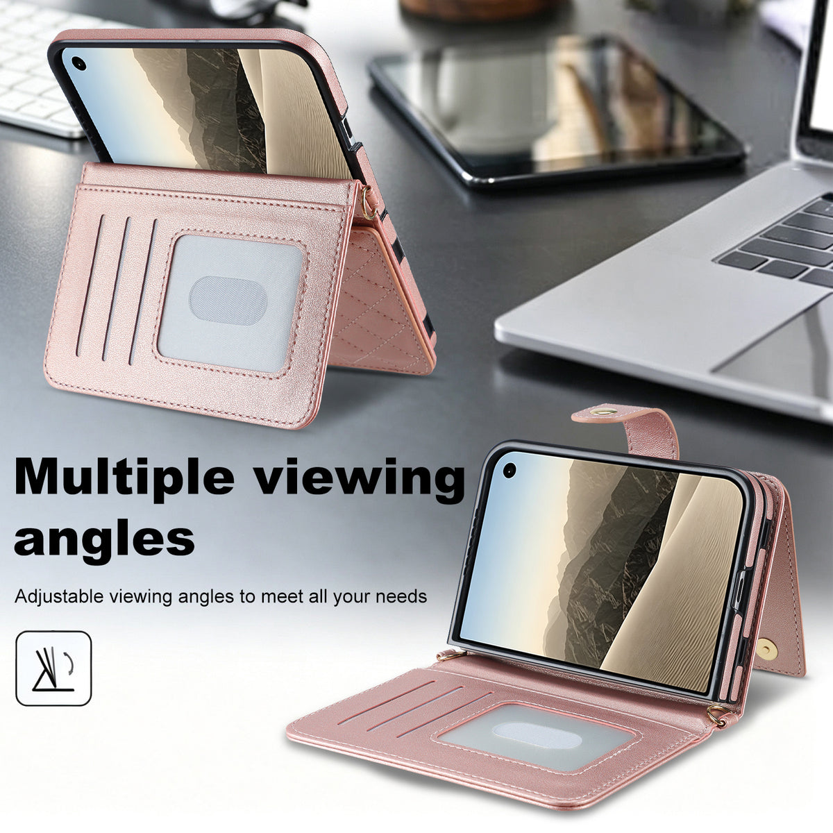 Rose gold quilted leather case for iPhone DUO resting on an office desk in multiple hands-free kickstand viewing angles.