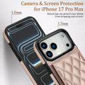 Rose gold quilted leather case highlighting 1.0mm screen lip and 1.5mm raised camera lens protection