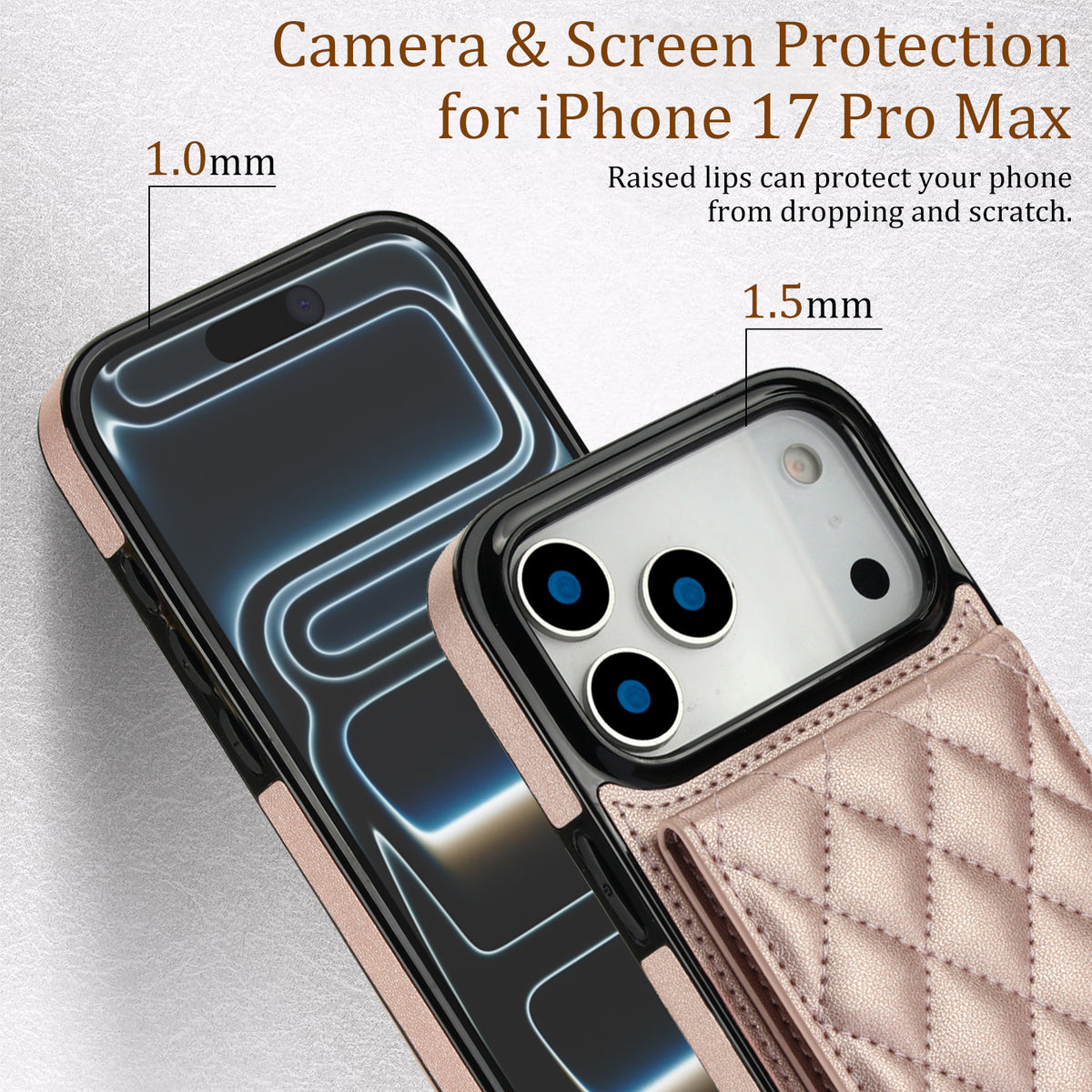 Rose gold quilted leather case highlighting 1.0mm screen lip and 1.5mm raised camera lens protection