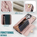 Rose gold quilted leather case showcasing RFID blocking layer multiple card slots snap closure and gold lanyard metal clasp