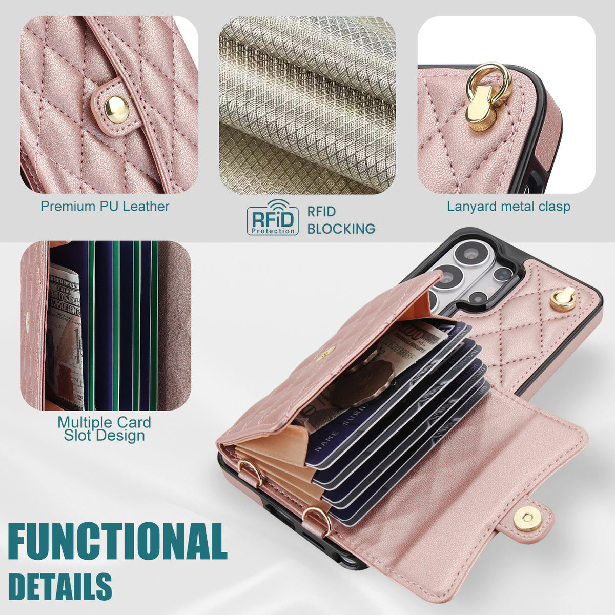 Rose gold quilted leather case showcasing RFID blocking layer multiple card slots snap closure and gold lanyard metal clasp