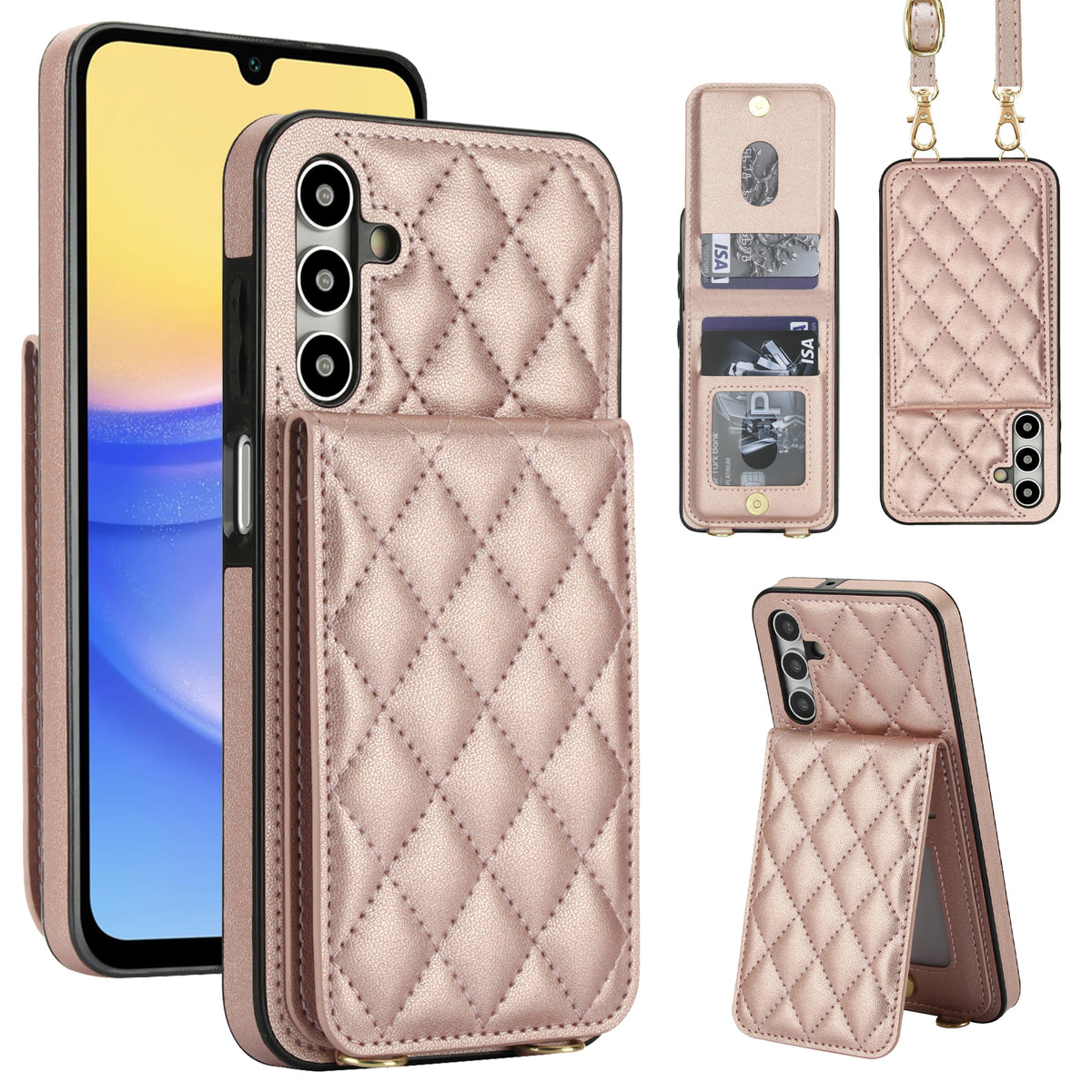 Rose gold quilted leather crossbody wallet case for Samsung Galaxy A-Series displaying full composite views, including rear snap card slots, photo ID window, detachable shoulder lanyard, and vertical kickstand mode.