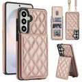 Rose gold quilted leather crossbody wallet case for Samsung Galaxy A-Series displaying full composite views including rear card slot flap, open ID window, detachable lanyard strap, and kickstand mode.