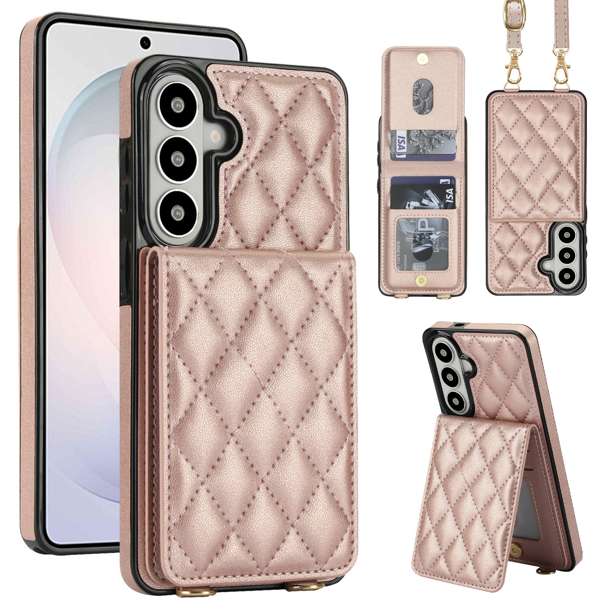 Rose gold quilted leather crossbody wallet case for Samsung Galaxy A-Series displaying full composite views including rear card slot flap, open ID window, detachable lanyard strap, and kickstand mode.