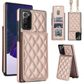 Rose gold quilted leather crossbody wallet case for Samsung Galaxy displaying composite views including rear snap card slots, photo ID window, detachable shoulder lanyard, and horizontal kickstand mode.