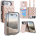 Rose gold quilted leather crossbody wallet case for iPhone DUO displaying full product composite views including built-in screen protector frame, snap-button card slots, detachable shoulder lanyard, and horizontal kickstand mode.