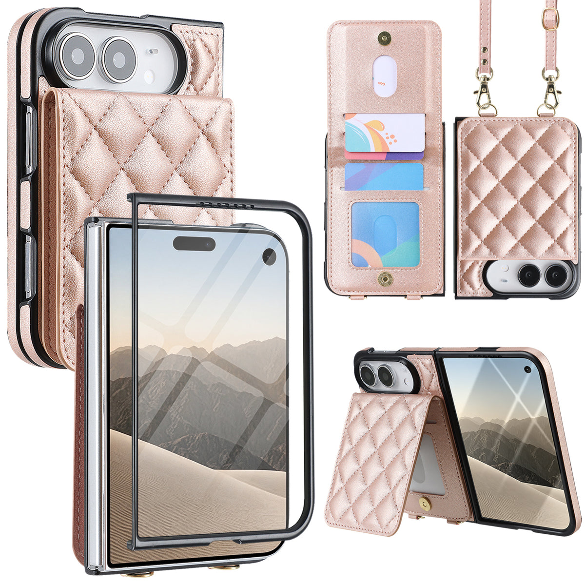 Rose gold quilted leather crossbody wallet case for iPhone DUO displaying full product composite views including built-in screen protector frame, snap-button card slots, detachable shoulder lanyard, and horizontal kickstand mode.