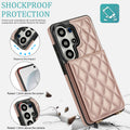 Rose gold quilted leather phone case showing 1.2mm raised screen edges and 1.5mm camera bezel protection