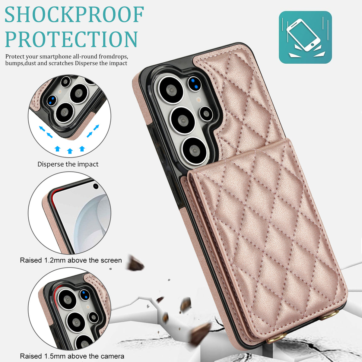 Rose gold quilted leather phone case showing 1.2mm raised screen edges and 1.5mm camera bezel protection