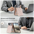 Rose gold quilted leather wallet case for iPhone DUO placed on a desk in horizontal kickstand viewing mode.
