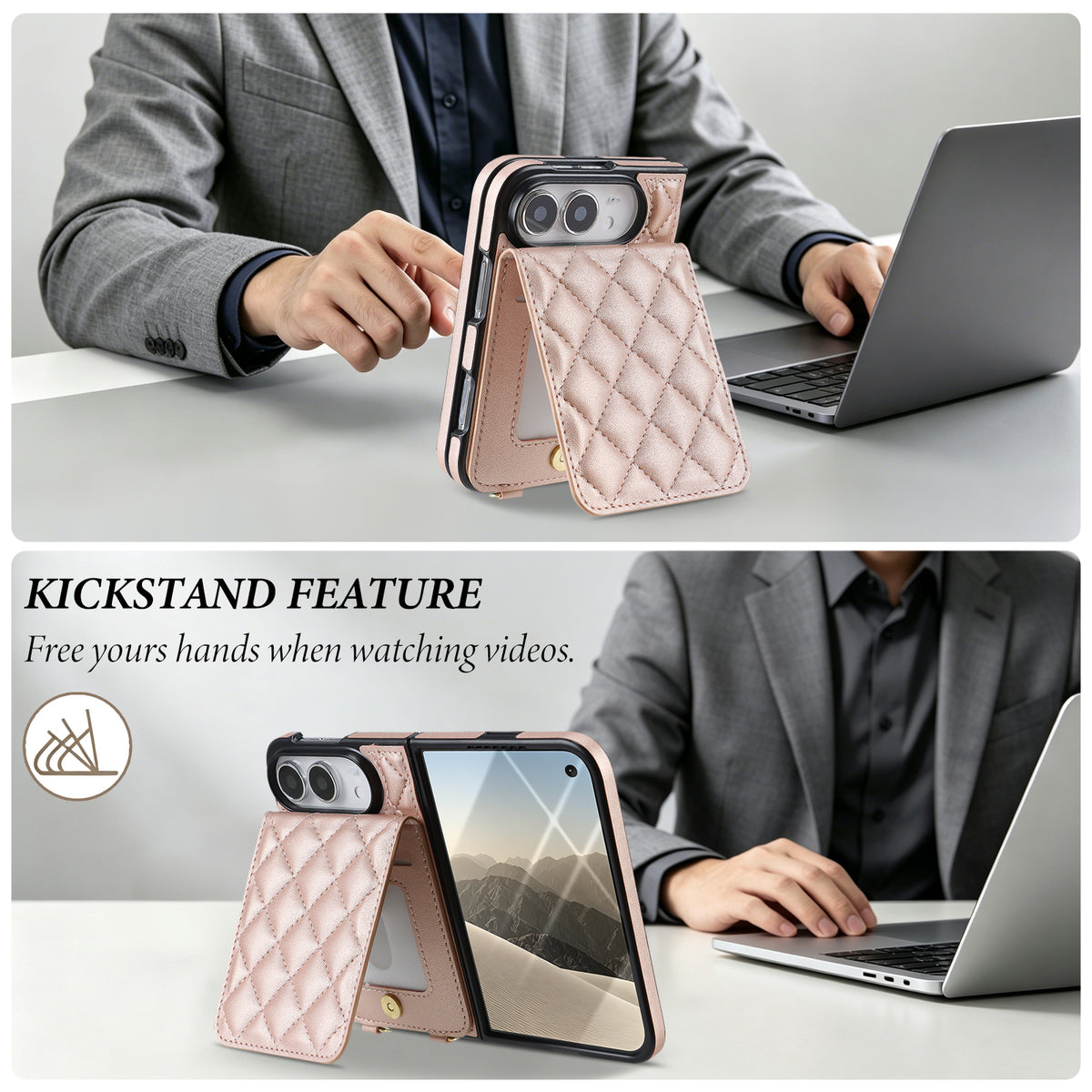 Rose gold quilted leather wallet case for iPhone DUO placed on a desk in horizontal kickstand viewing mode.