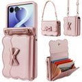 Rose gold shimmer leather Samsung Galaxy Z Flip wallet case with scalloped bow flap, wristlet, shoulder strap, and expanded card compartment