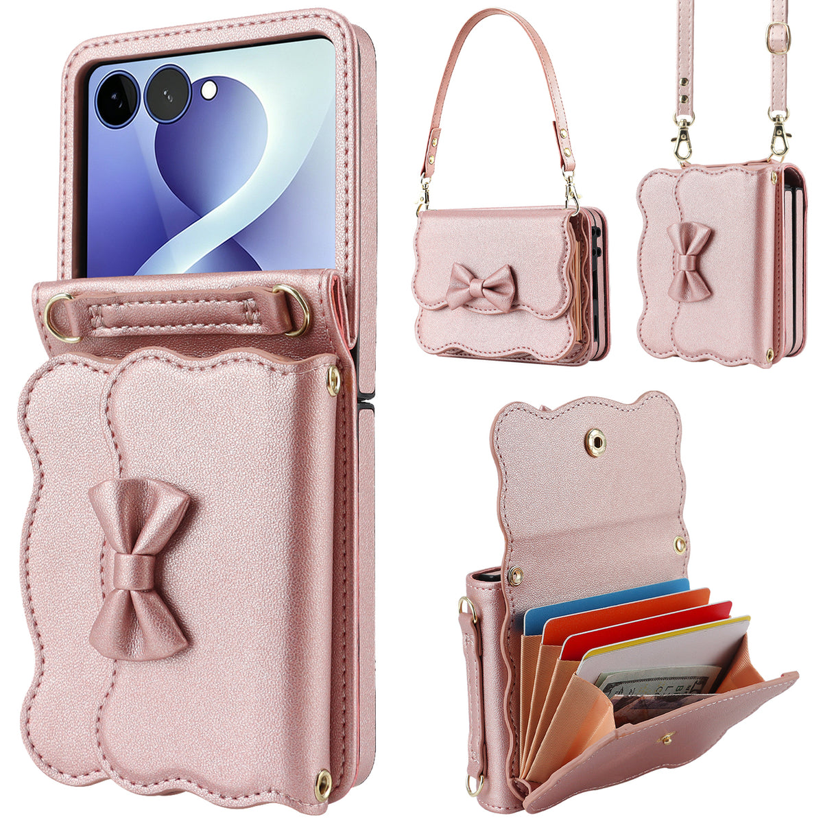 Rose gold shimmer leather Samsung Galaxy Z Flip wallet case with scalloped bow flap, wristlet, shoulder strap, and expanded card compartment