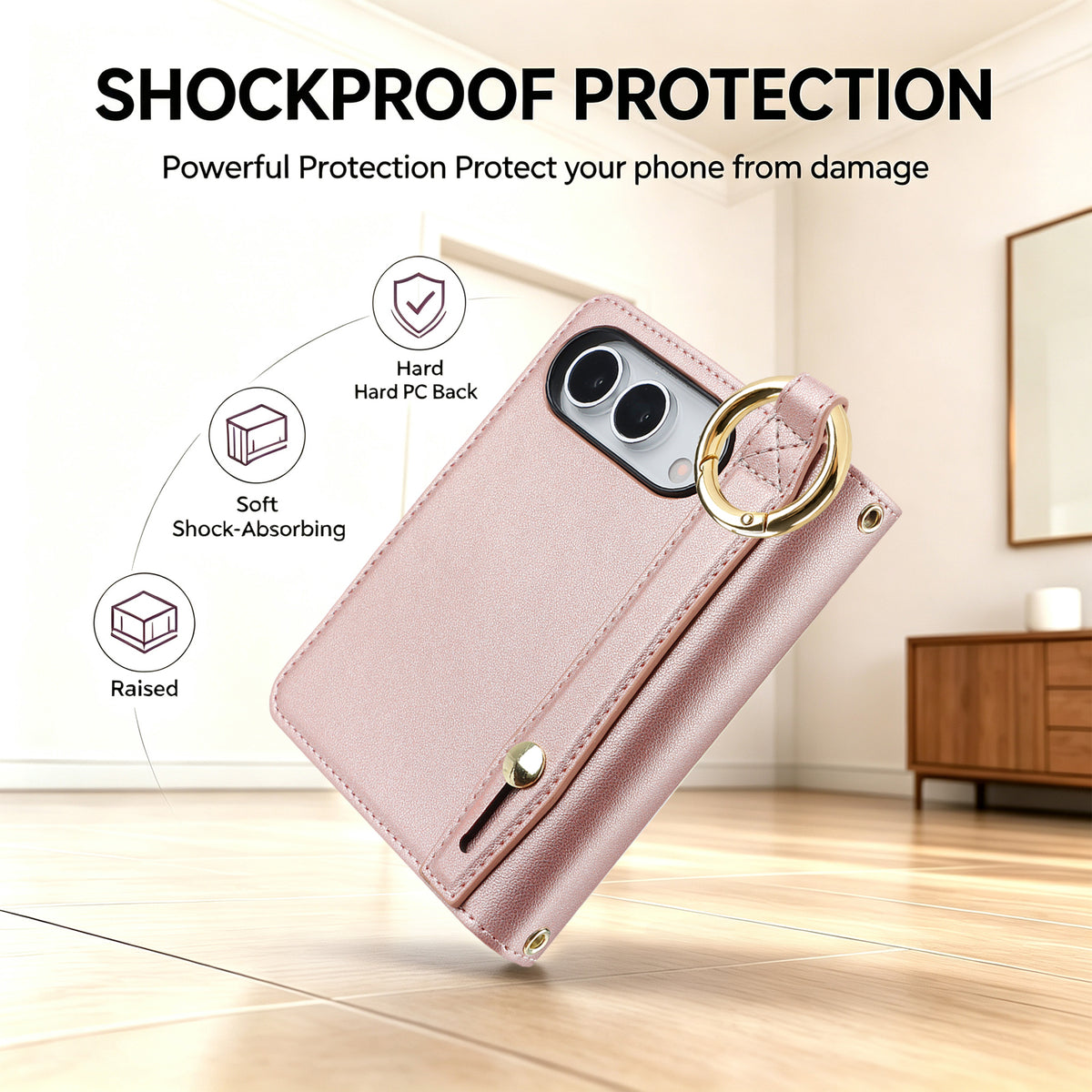 Rose gold shockproof iPhone DUO case showing hard PC back soft shock-absorbing edges and raised camera lip protection