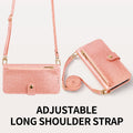 Rose gold sparkly leather phone wallet case featuring a matching adjustable long shoulder strap and zipper pouch.