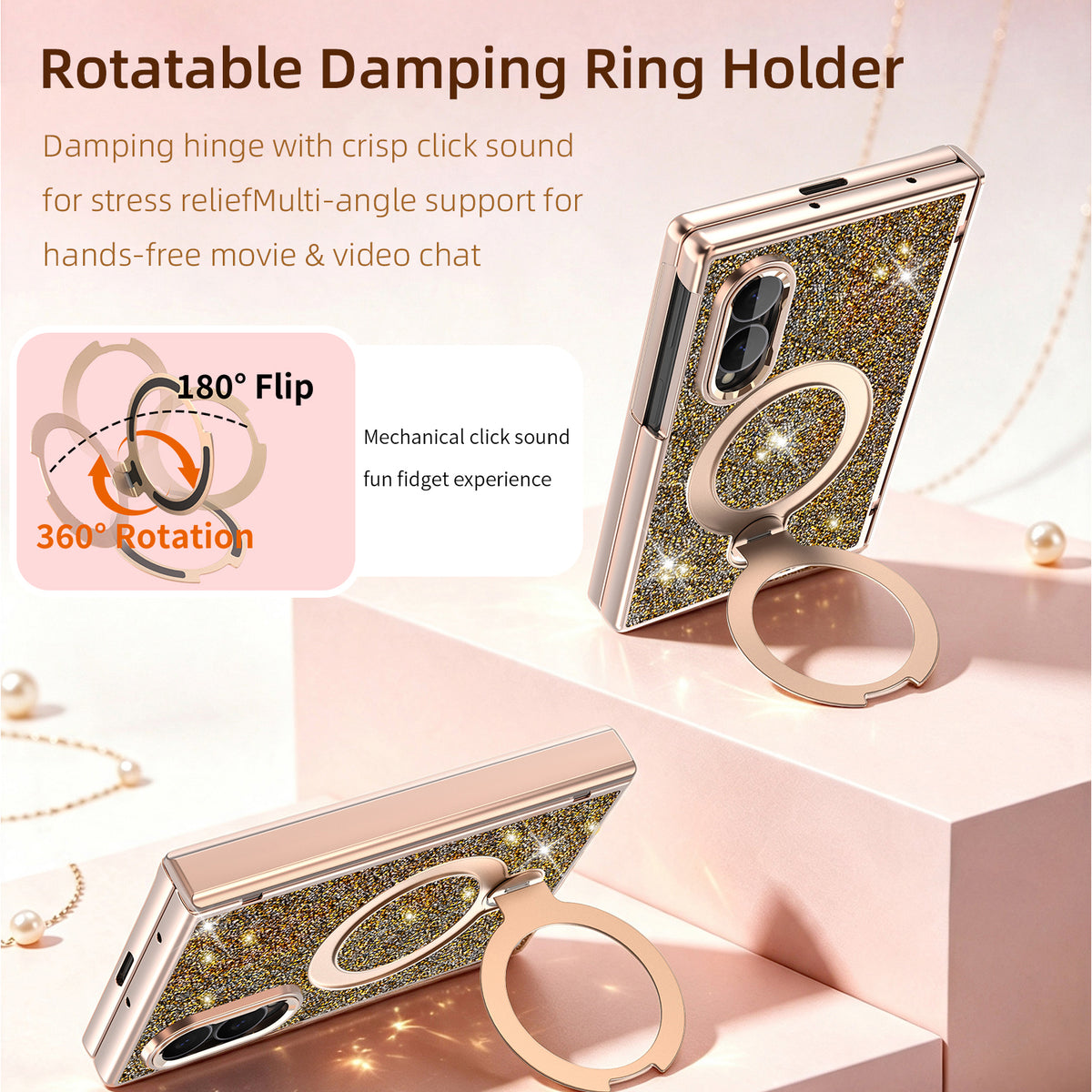 Rotatable damping ring holder kickstand on gold glitter case showing 360-degree rotation and 180-degree flip angles.