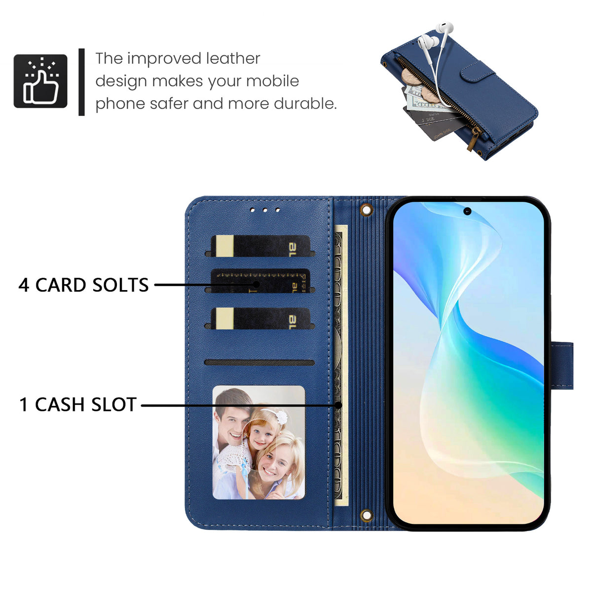 Royal blue Moto G Play leather wallet phone case open showing 4 card slots, cash pouch, photo ID window, and earphone pocket.