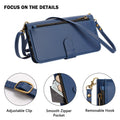 Royal blue Motorola Moto G Play crossbody leather wallet case detailing adjustable brass clip, smooth zipper coin pocket, and removable hook.