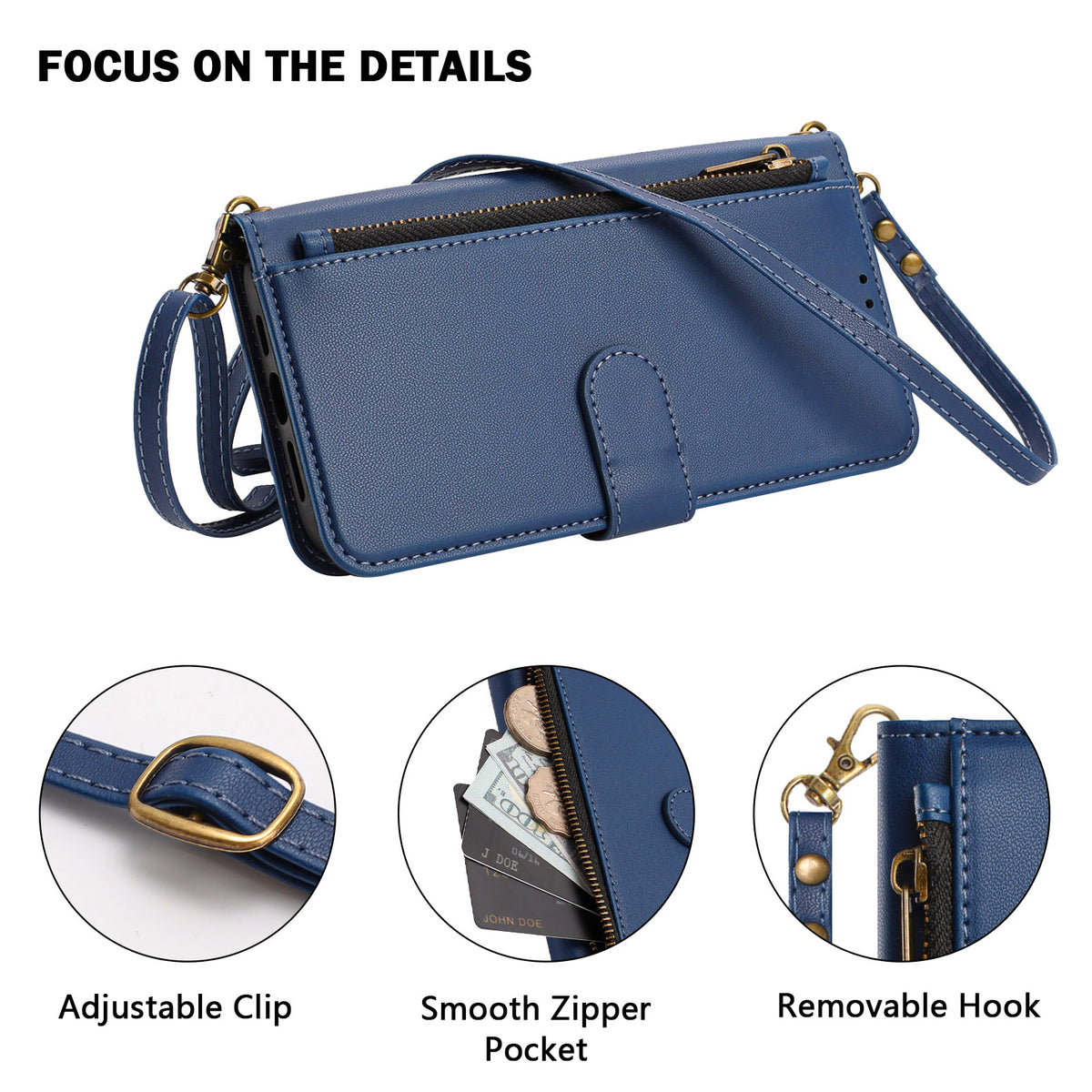 Royal blue Motorola Moto G Play crossbody leather wallet case detailing adjustable brass clip, smooth zipper coin pocket, and removable hook.
