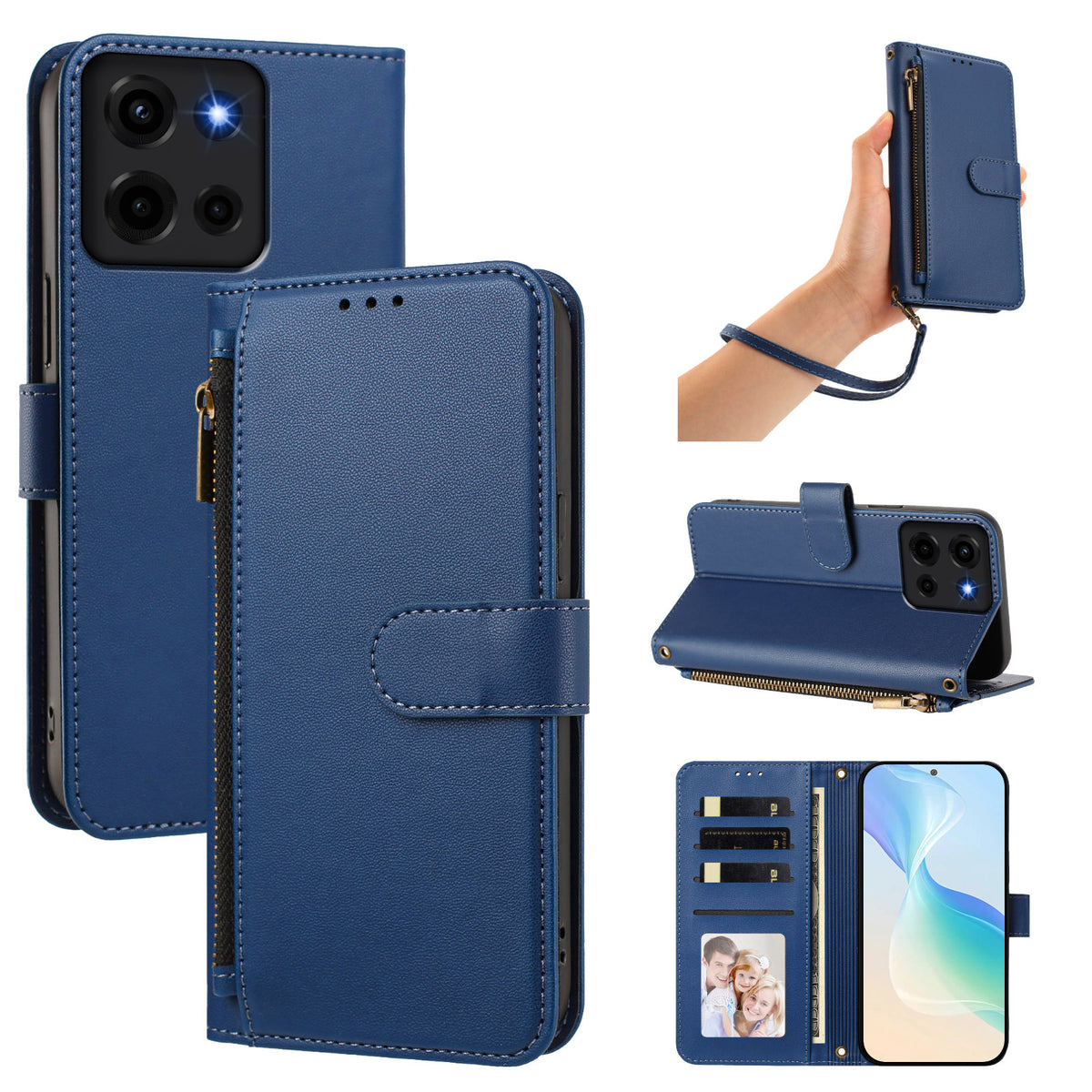 Royal blue Motorola Moto G Play crossbody leather wallet case set featuring camera cutout, wrist strap, kickstand function, and open card slot interior