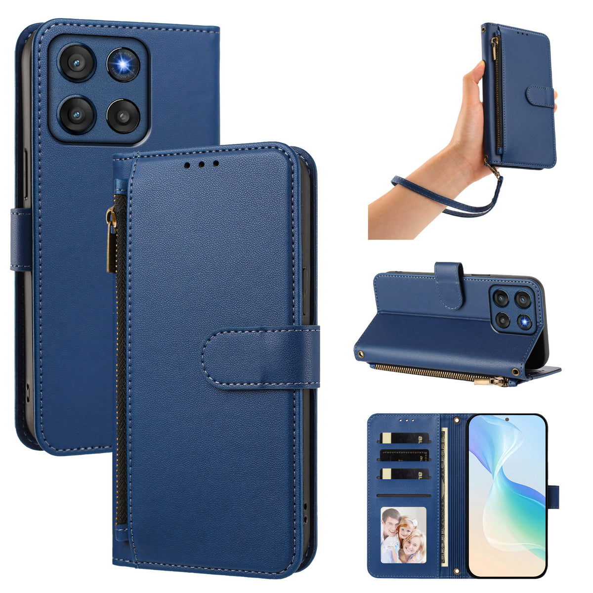 Royal blue Motorola Moto G Power 5G crossbody leather wallet case set featuring rear camera cutout, wrist strap, kickstand mode, and open card slot interior