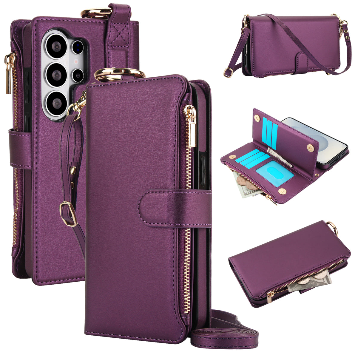 Royal purple Samsung Galaxy leather wallet case with zipper coin pocket, card slots, and detachable crossbody strap