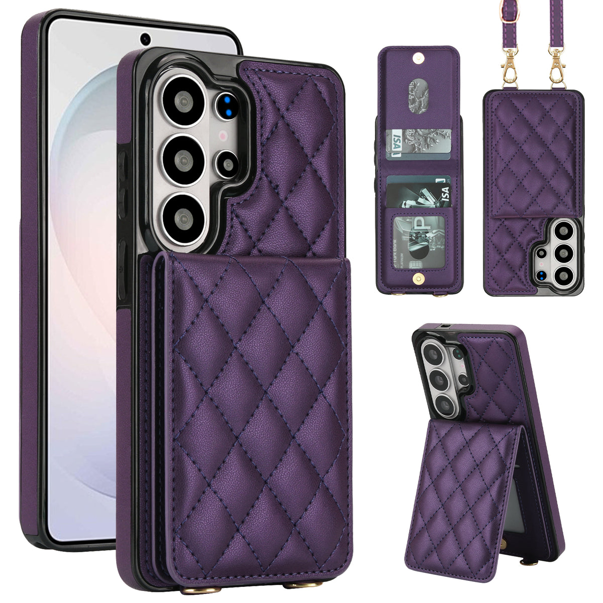 Royal purple quilted leather crossbody phone wallet case for Samsung Galaxy with card slots kickstand and detachable lanyard rings