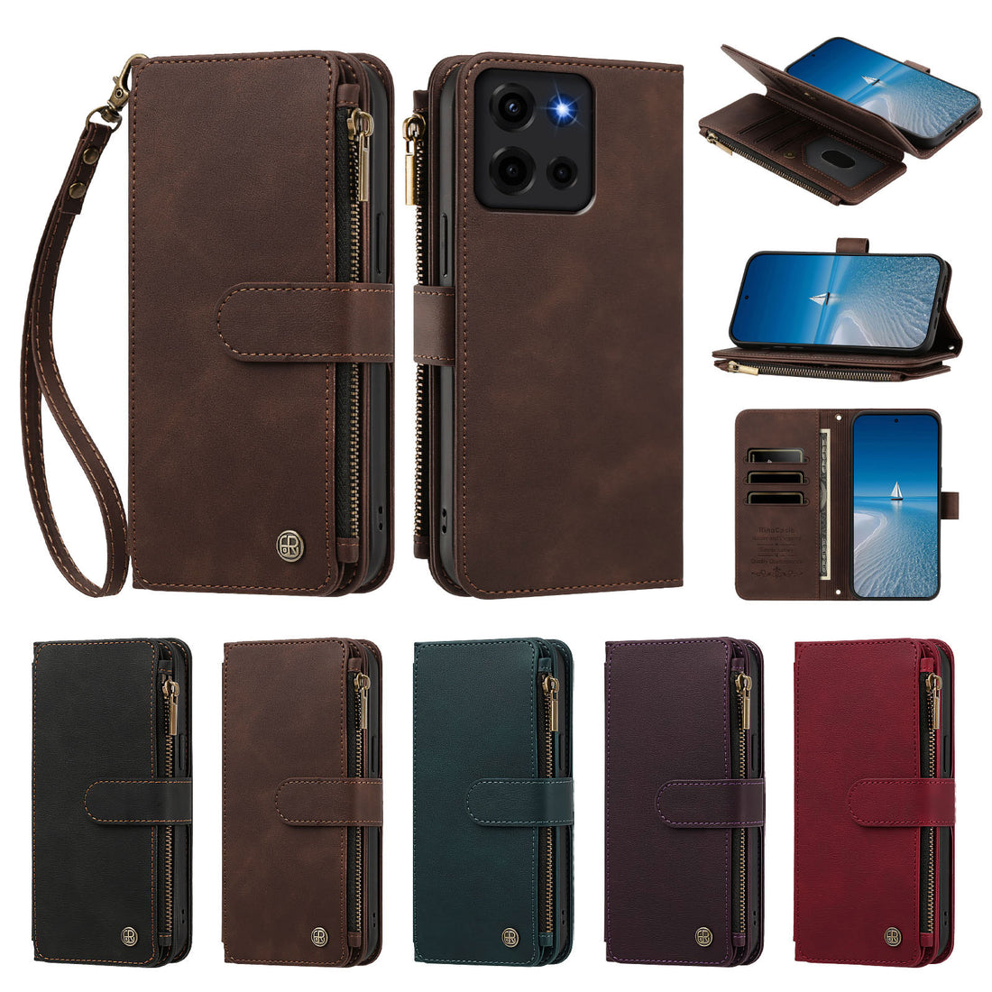 Focus on the Details breakdown of a brown case, highlighting reinforced clips, zipper pocket, and removable hook.