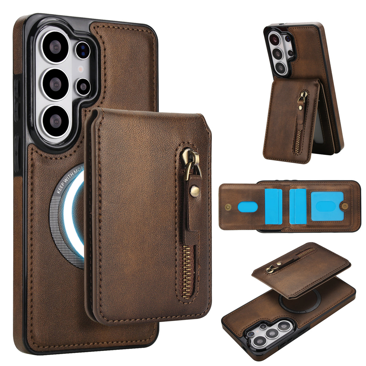 Saddle brown 2-in-1 magnetic detachable leather wallet case for Samsung Galaxy showing wireless charging compatibility ring, multi-angle kickstand, and interior card slots