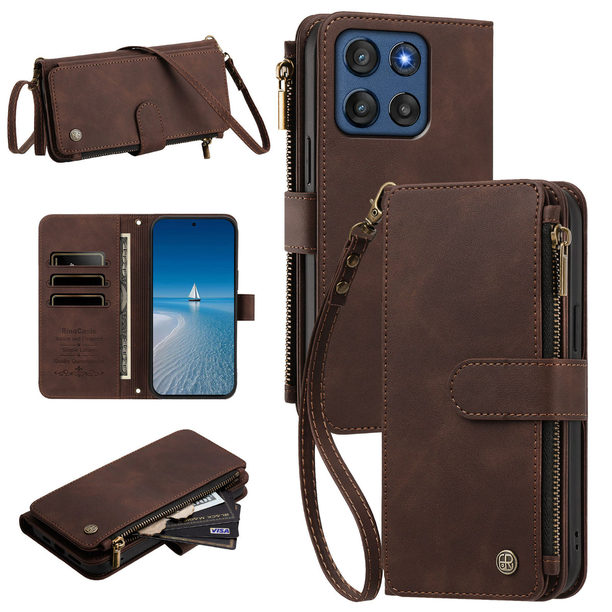 Saddle brown Moto G Stylus 5G leather folio case set displaying open card slots, rear camera protection, and zipper storage