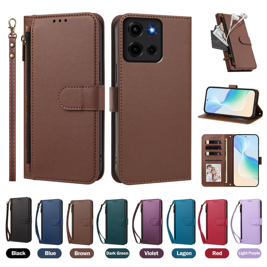 Saddle brown Motorola Moto G Play crossbody leather wallet case set displayed with wrist strap, zipper pocket, desktop kickstand, open card folio, and 8 color options